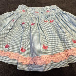 K&L Blue Gingham Skirt with pink ruffle and embroidered pink whales, Girl's sz 6